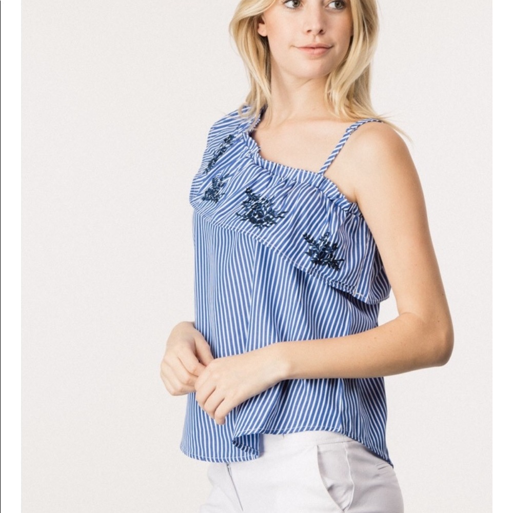 Embroidered Stripe One Shoulder Top🌷❤️🌷❤️
